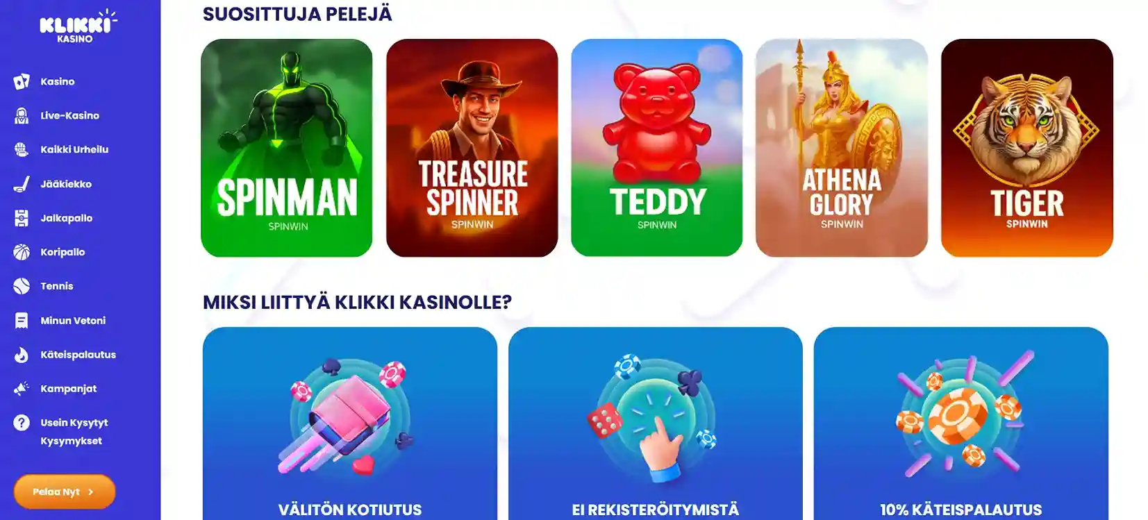 Klikki Kasino etusivu suosituilla kolikkopeleillä ja vasemman reunan kasinovalikolla suomalaisille pelaajille